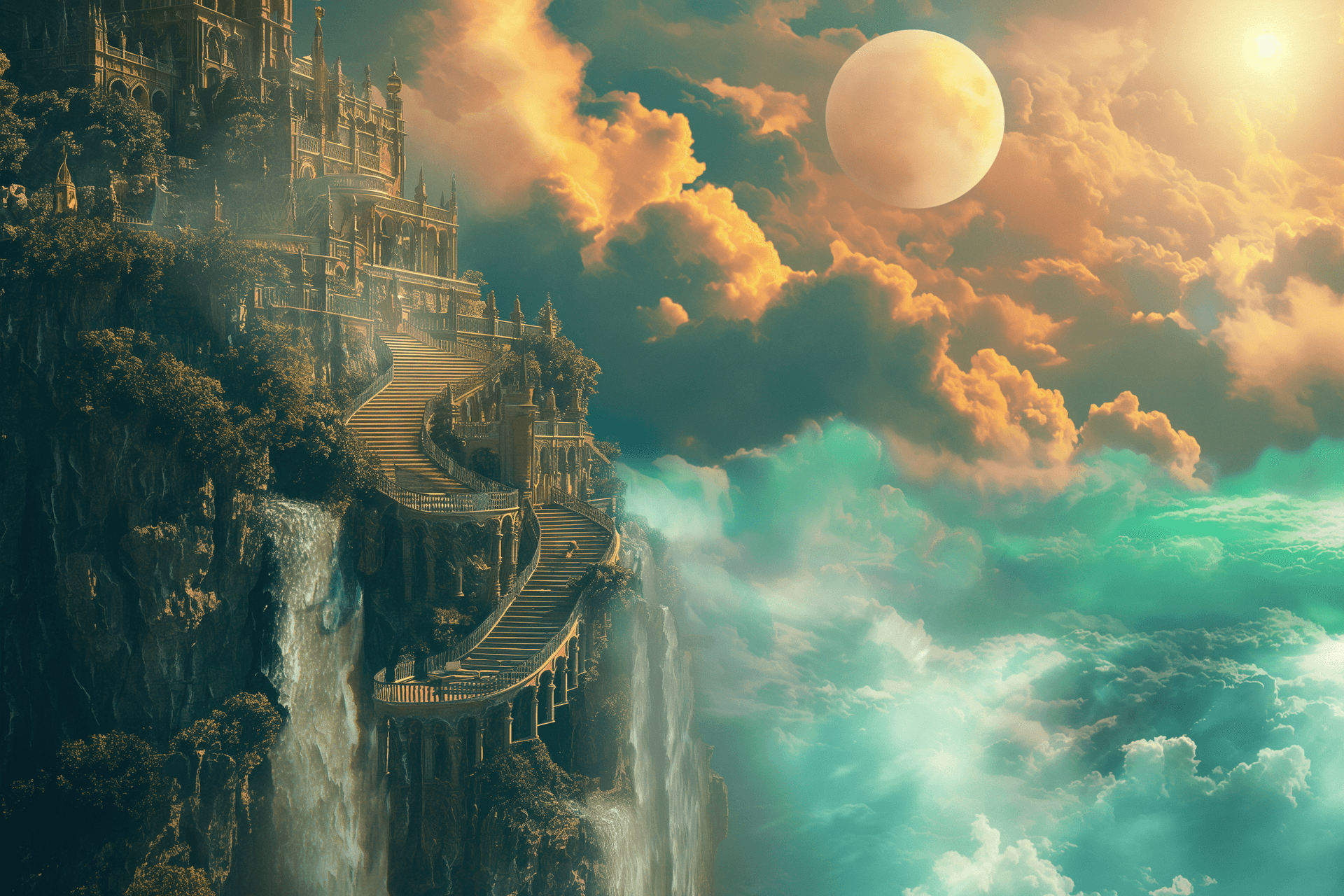 AI generated: A fantasy world with castles, clouds and moon in the sky, magical landscape with waterfalls and stai...