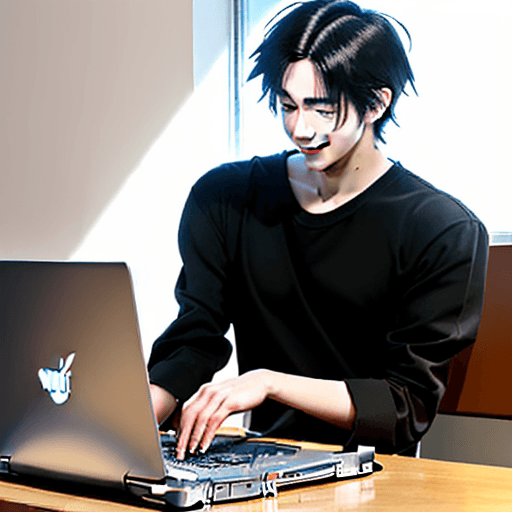AI generated: Art anime man 27 years typing on laptop, great mood, 
