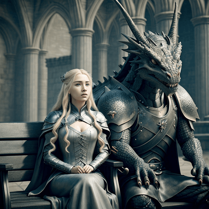 AI generated: a woman sitting on a bench next to a dragon, computer graphics, cgsociety, blonde - haired princess,...