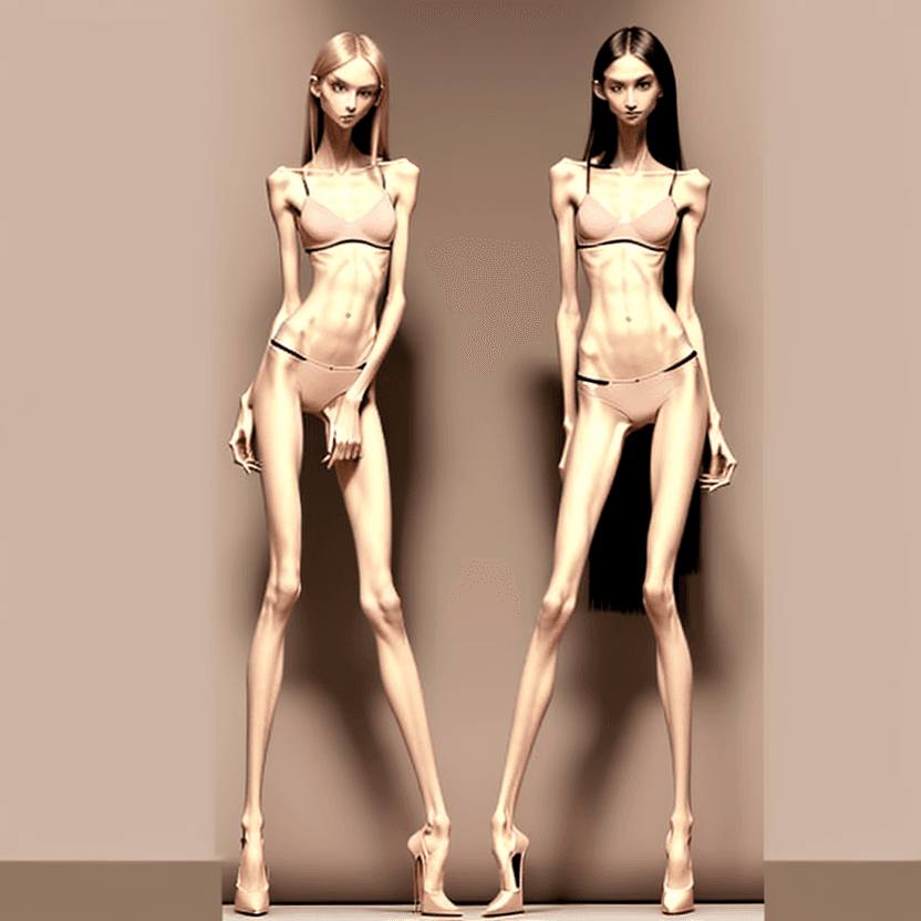 AI generated: photo of two an extremely skinny, flat-chested model with extreme long and skinny legs with extreme ...