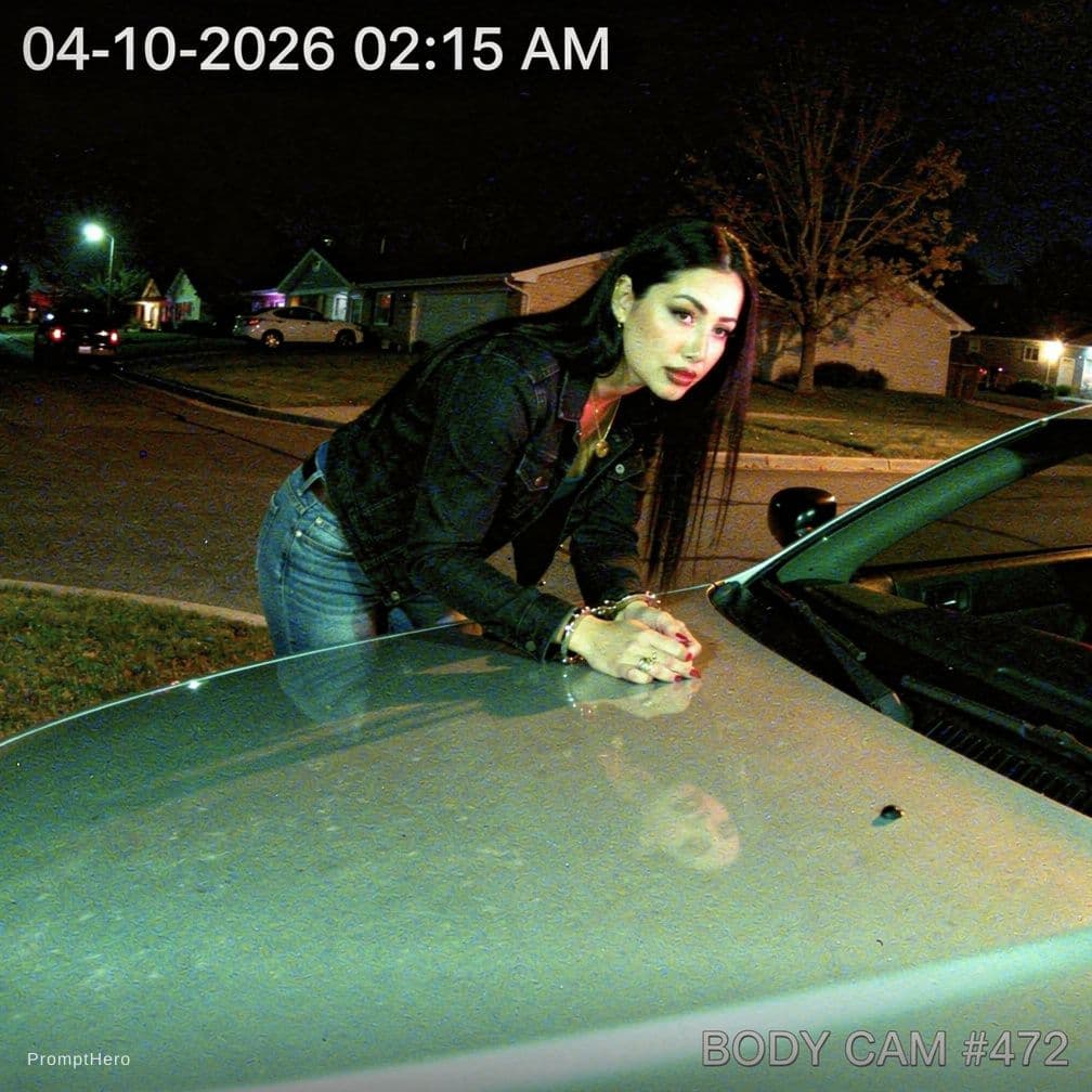 AI generated: Authentic real police body-worn camera (BWC) footage still frame from a nighttime arrest in a quiet ...