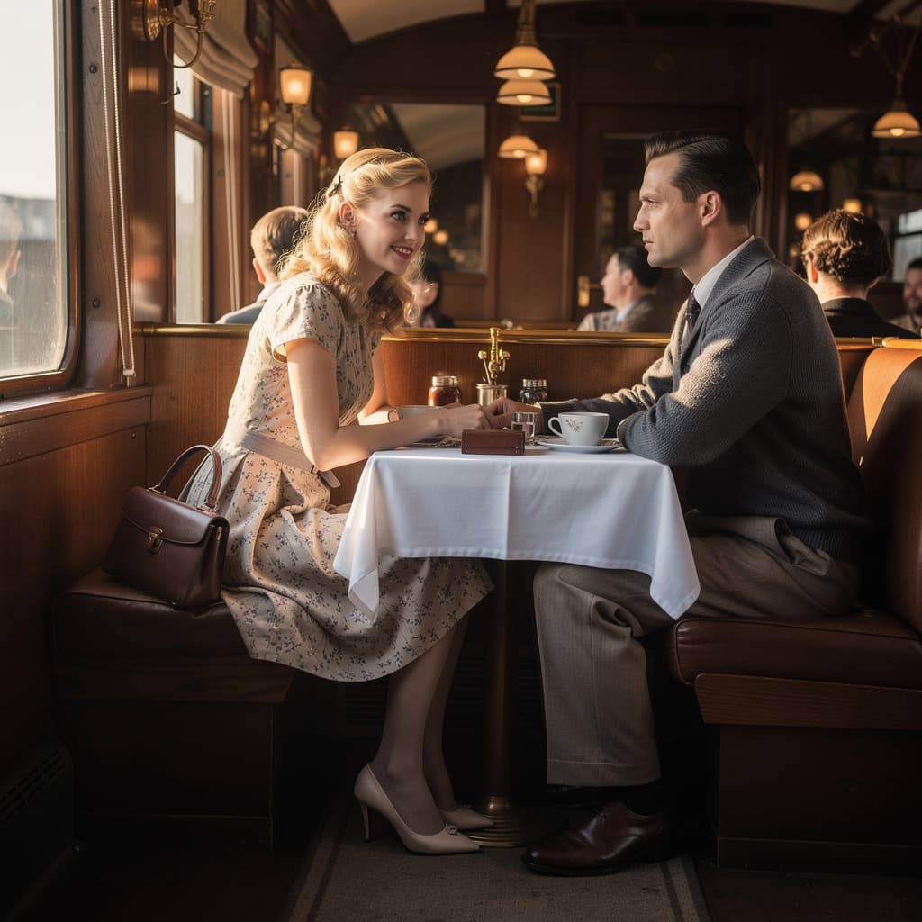 AI generated: A beautiful young blonde russian woman is seated on one side of the aisle of a 1945 passenger train ...