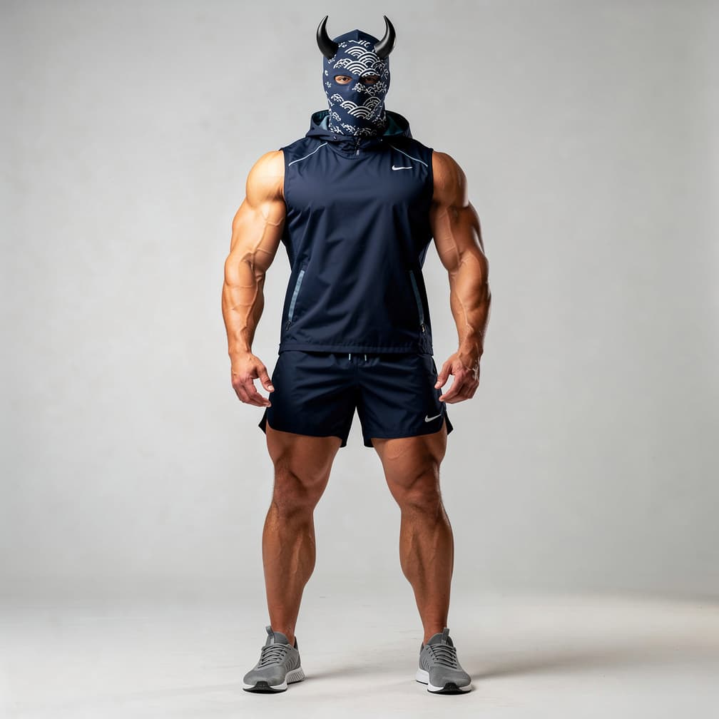AI generated: A big muscular man wearing navy blue short shorts and a navy blue water proof sleeveless shirt and a...