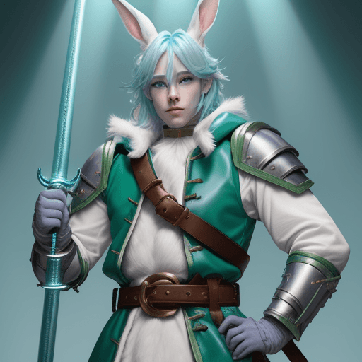 AI generated: male d&d harengon, male dnd rabbitfolk, male d&d anthro rabbit :: white fur with light blue tipped e...