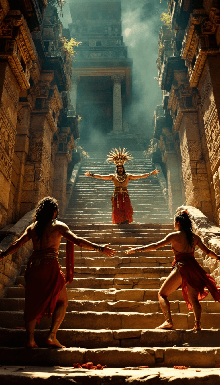 AI generated: Cinematic shot of a history movie, Aztec priest, temple steps, pre-Columbian Mexico, high noon, Azte...