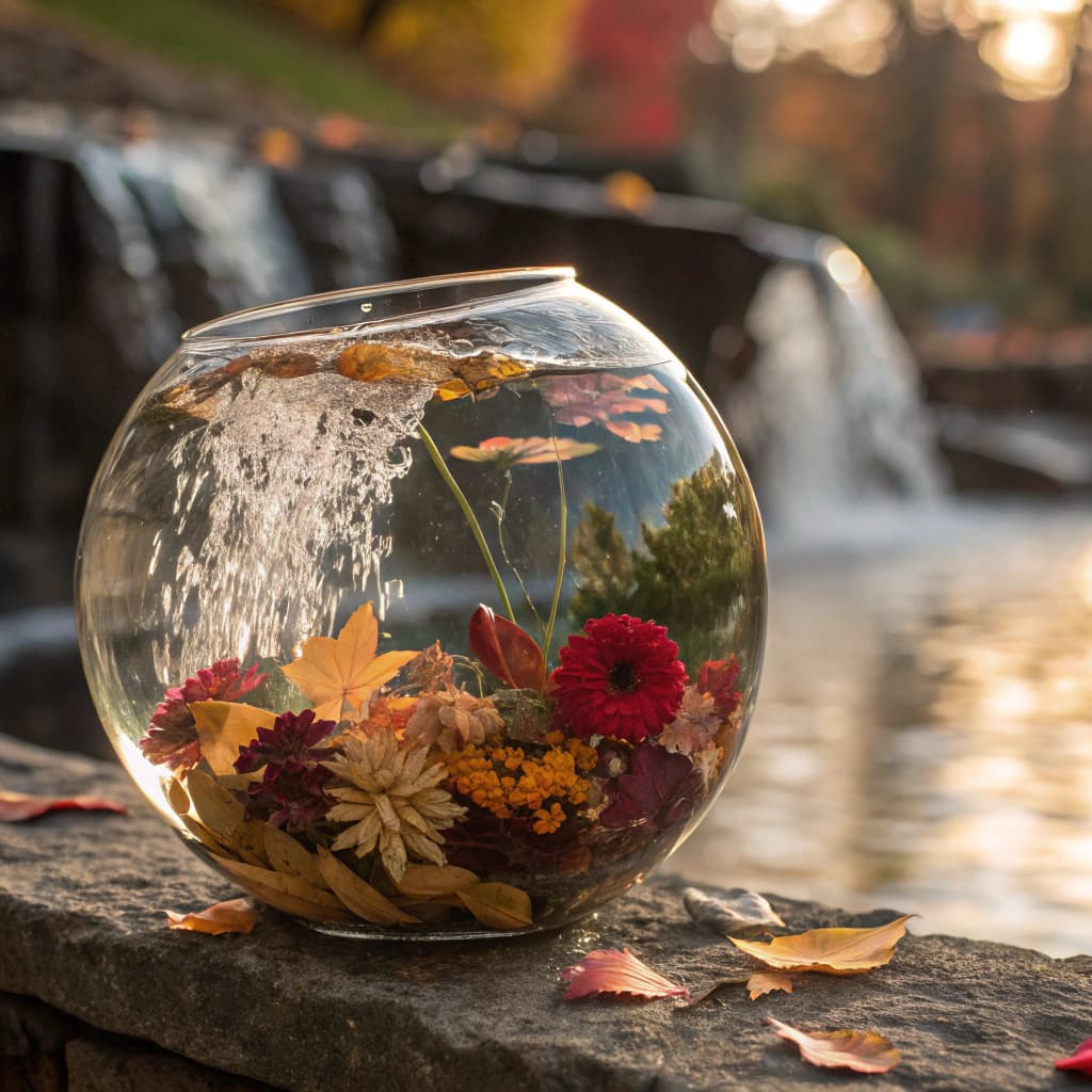 AI generated: miniature art, a whimsical fishbowl, cascading potpourri waterfalls, hyper-realistic, soft focus, in...