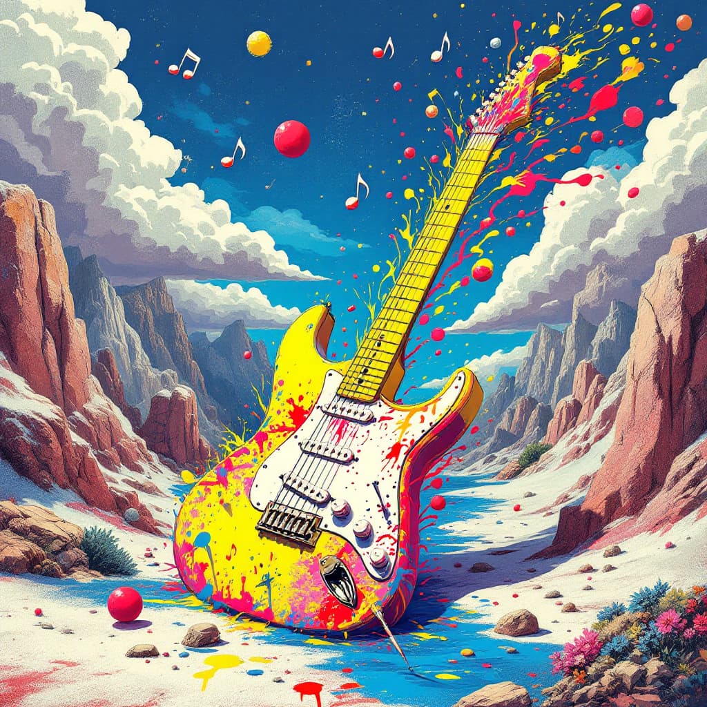 AI generated: "A vibrant fusion of rock and art, featuring a surreal landscape with an electric guitar transformin...