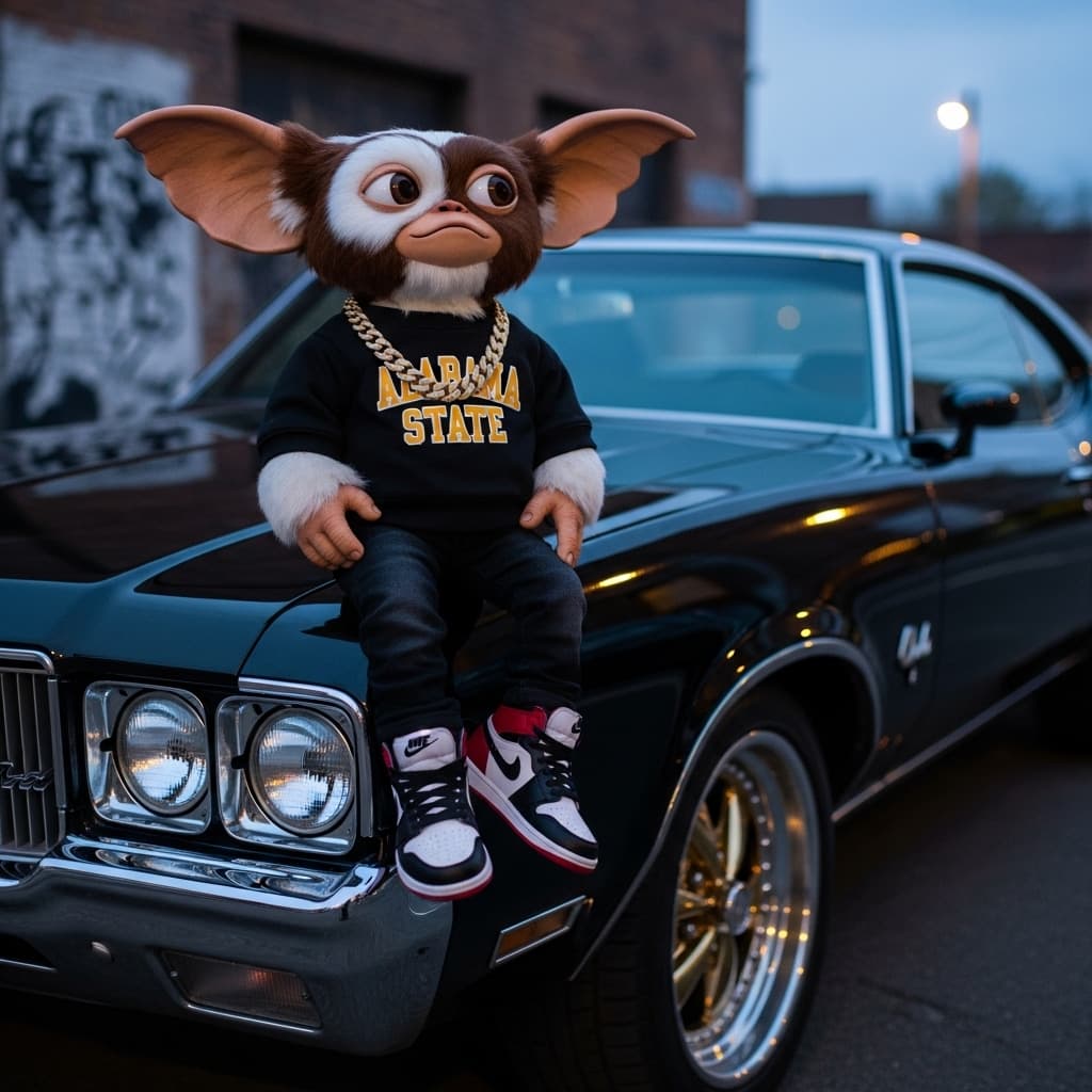 AI generated: Original Gizmo from Gremlins wearing black and gold Alabama State collegiate sweatshirt, black jeans...