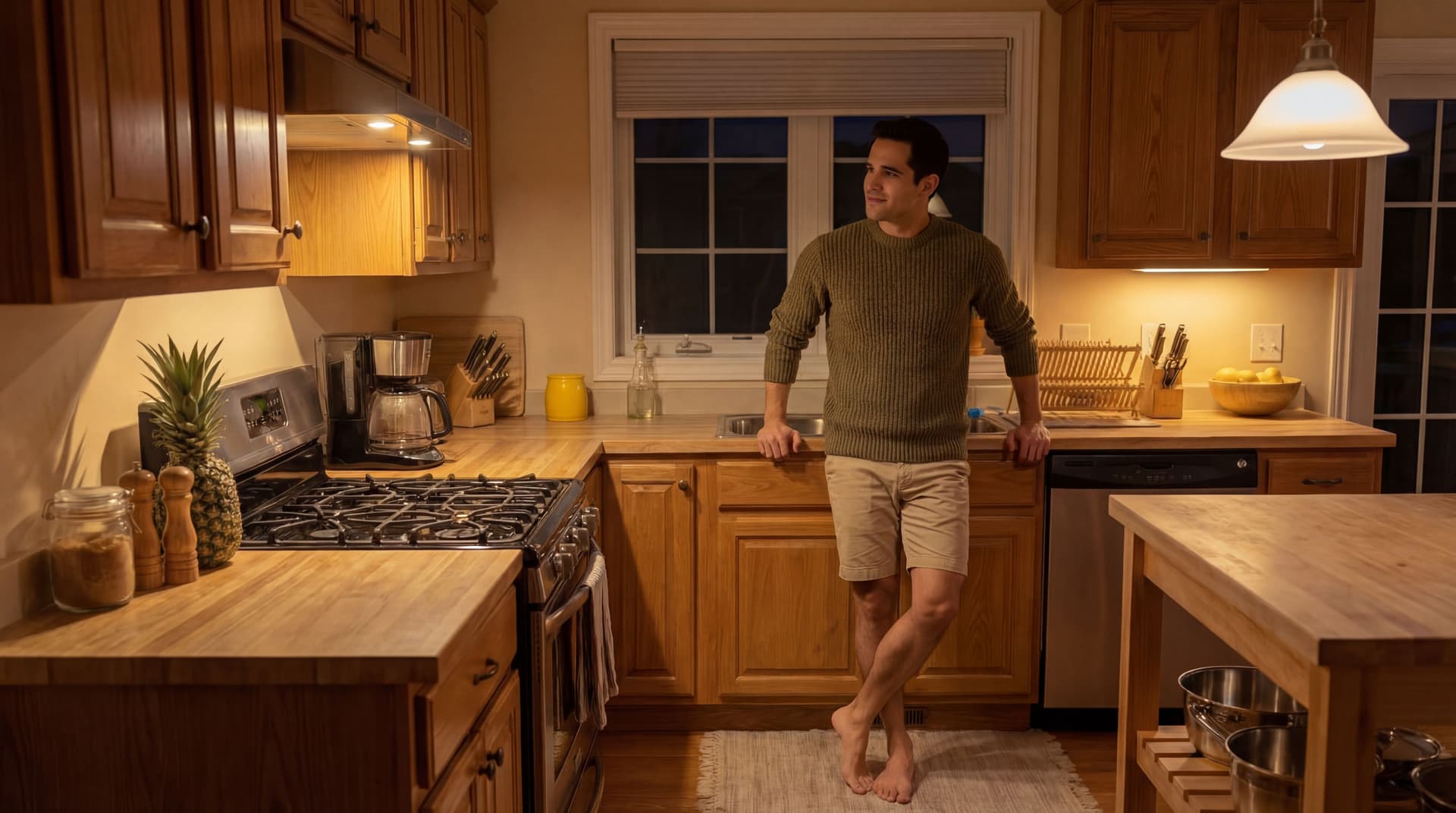 AI generated: At a cozy kitchen. it's dark outside. The Hispanic guy is wearing an olive green loose cozy Autumn s...