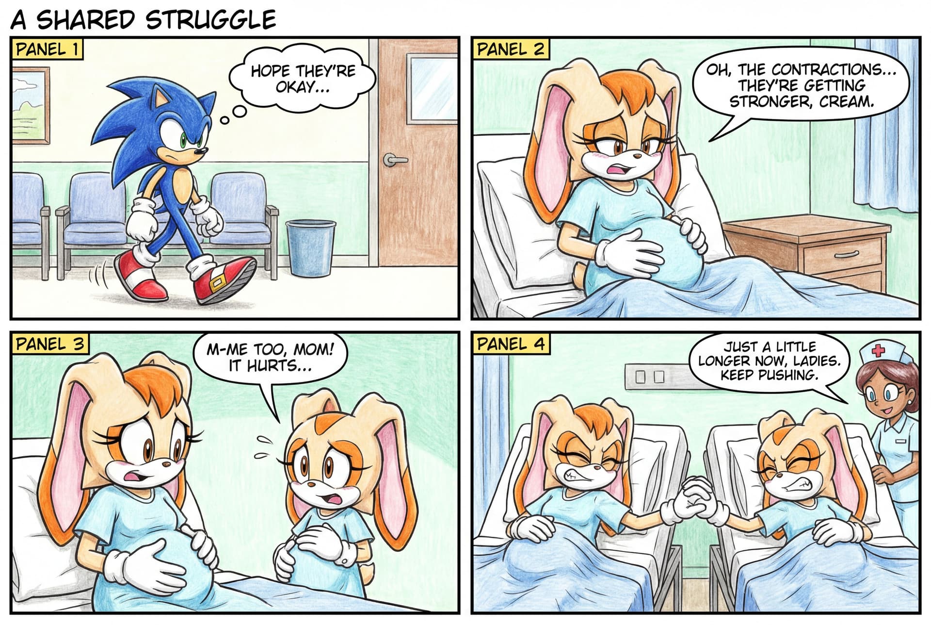AI generated: Sonic the hedgehog Erotic comic, nude pregnant vanilla the rabbit and pregnant cream the rabbit is l...