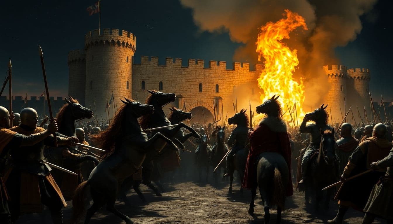 AI generated: a medieval battle scene in front of a castle, with a large crowd of people and horses. The castle is...