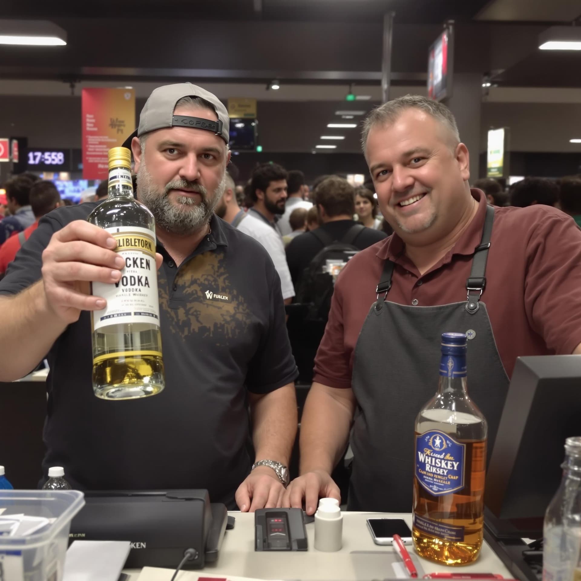 AI generated: In the photo we see two alcoholic men with vodka and whiskey on the cash register, looking at the ca...