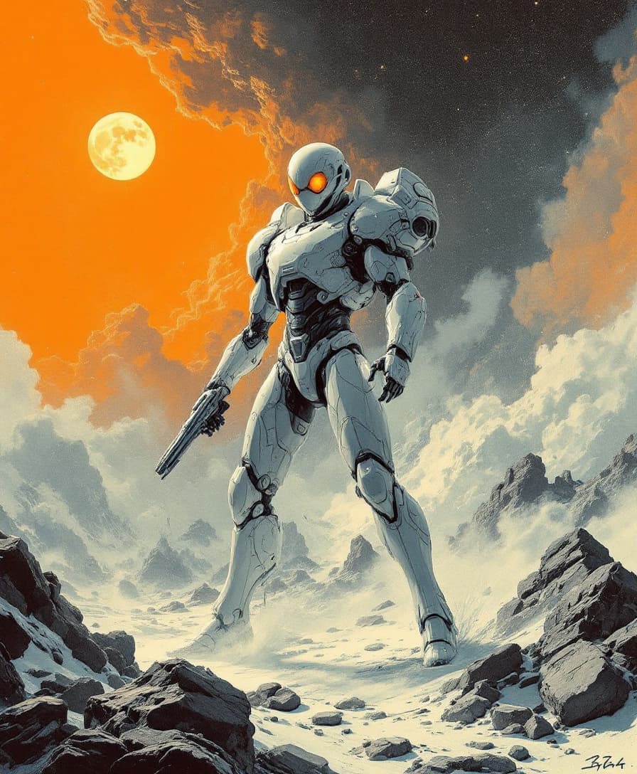 AI generated: scifi artwork by roblunda mccallum, in the style of blink-and-you-miss-it detail, full body, dark wh...