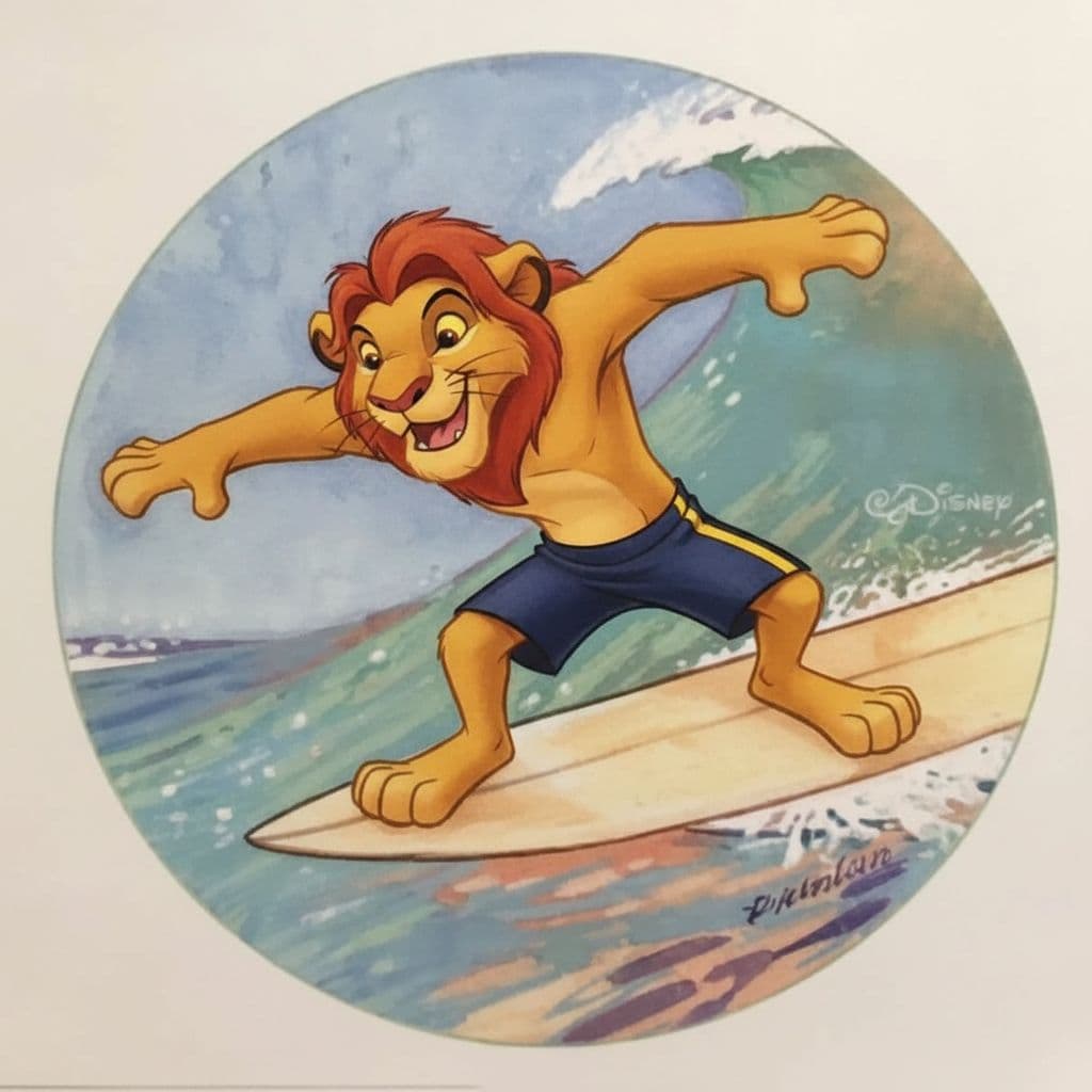 AI generated: Simba on a surfboard on a wave.

