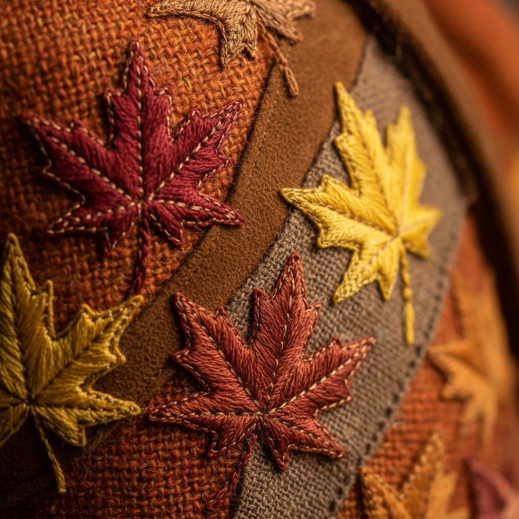 AI generated: "Burnt orange and brown fabric textures with maple leaf embroidery, macro shot"
