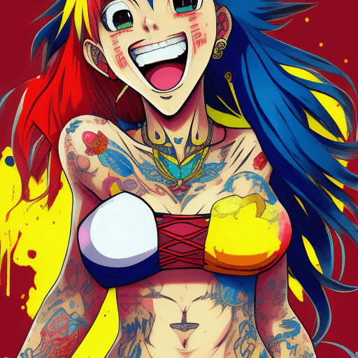 AI generated: Animestyle illustration of a female character with red and blue hair, wearing colorful tattoos on he...