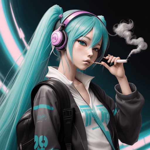AI generated: hatsune miku, arafed woman with a backpack and headphones smoking a cigarette, artwork in the style ...