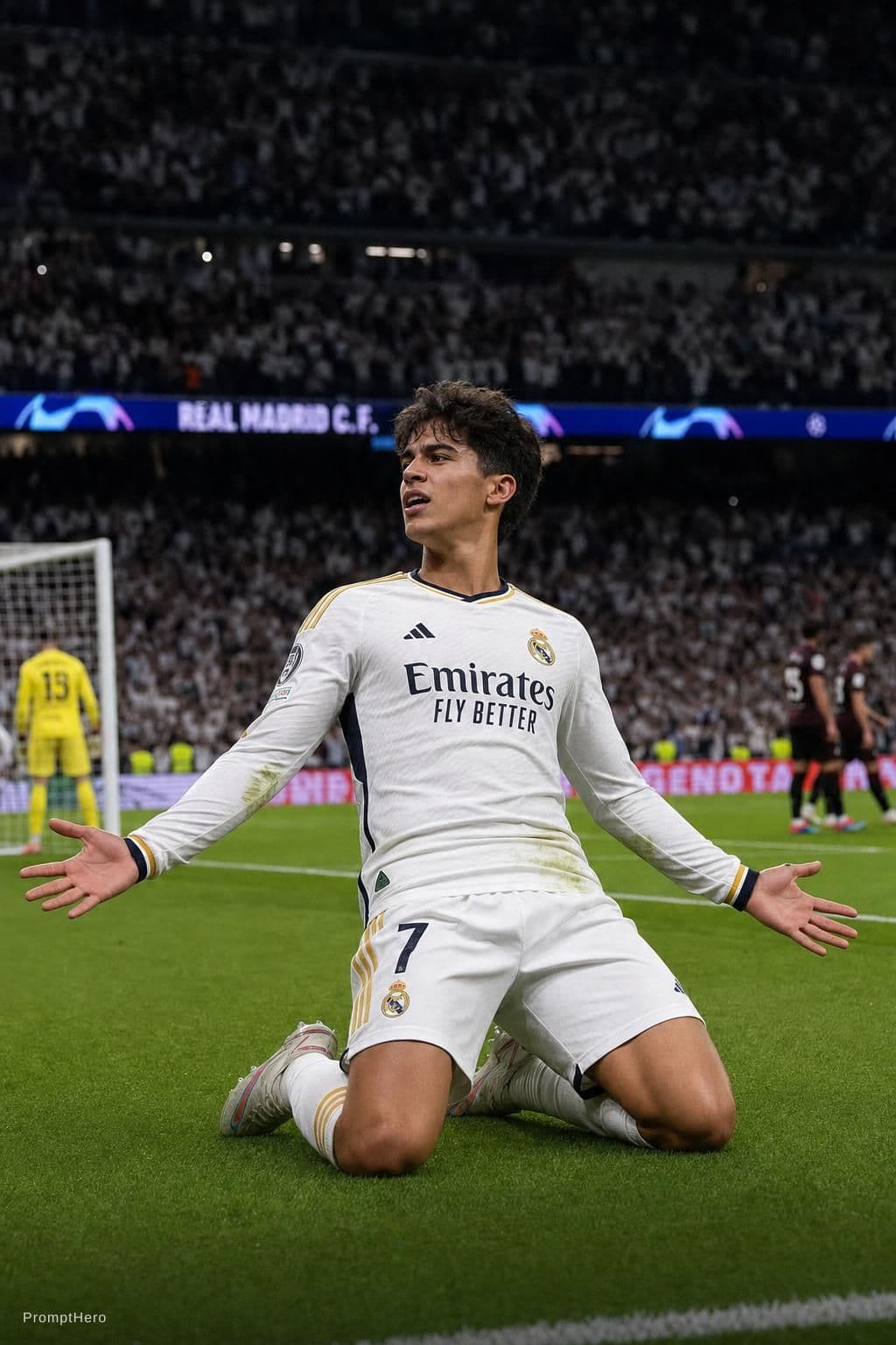 AI generated: Convert.y picture into wearing real Madrid full kit and sliding with knee same to same plz