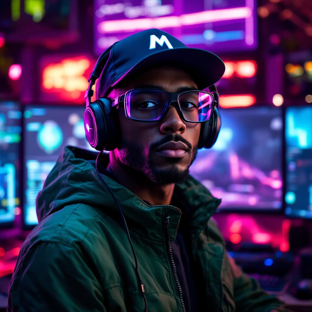 AI generated: A vivid portrait of a cutting-edge gamer. He stands in front of a multi-monitor setup, bathed in the...