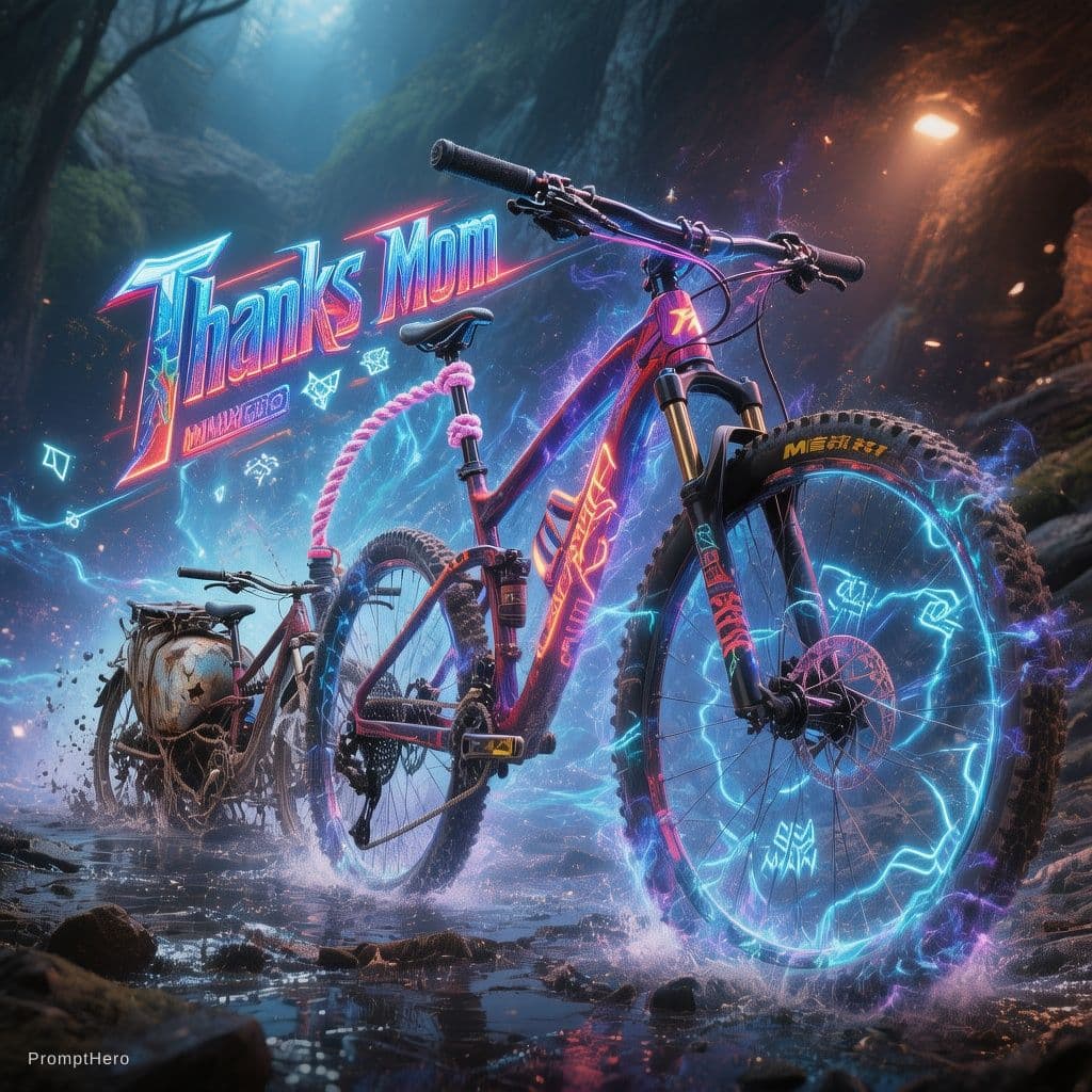 AI generated: A furious anime style red-blazing mountain bike, dominating the surroundings with it's ethereal velv...