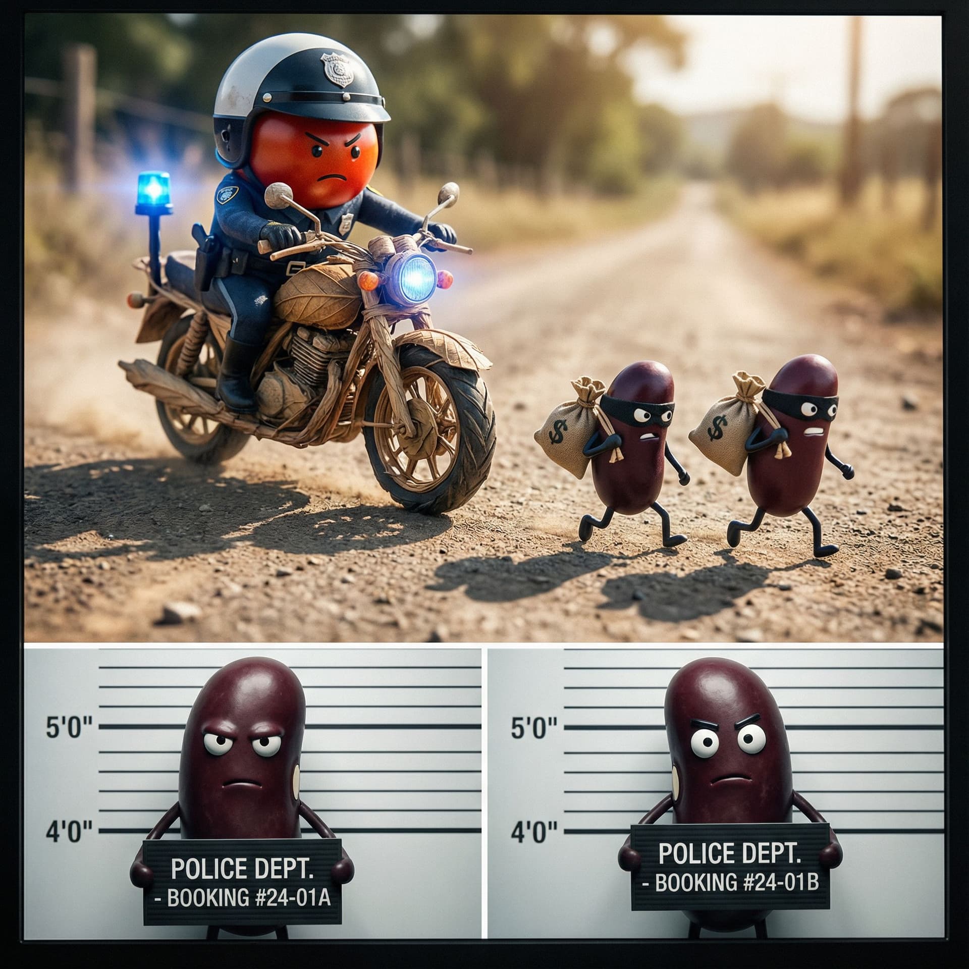 AI generated: A three-part image. all photos very realistic, like real life

Top (largest section): a cinematic, p...