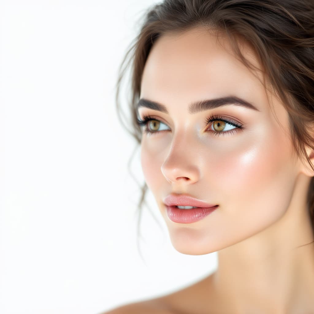 AI generated: A beautiful woman with smooth skin, light makeup, and a natural look is featured in an advertising p...