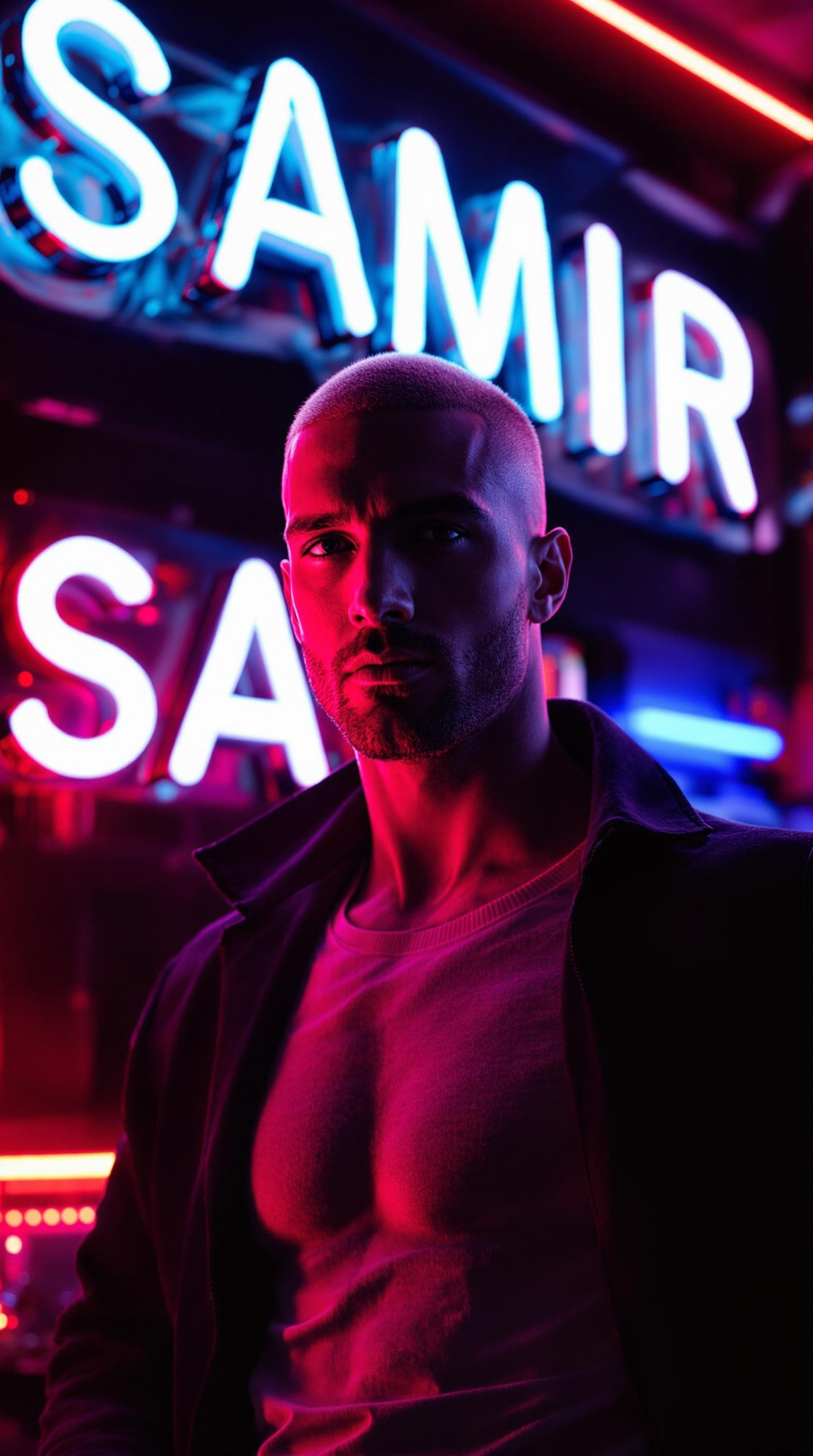 AI generated: a HANDSOME SKINNY BALD man stands in front of a neon sign that reads "SAMIR" in bold white letters. ...