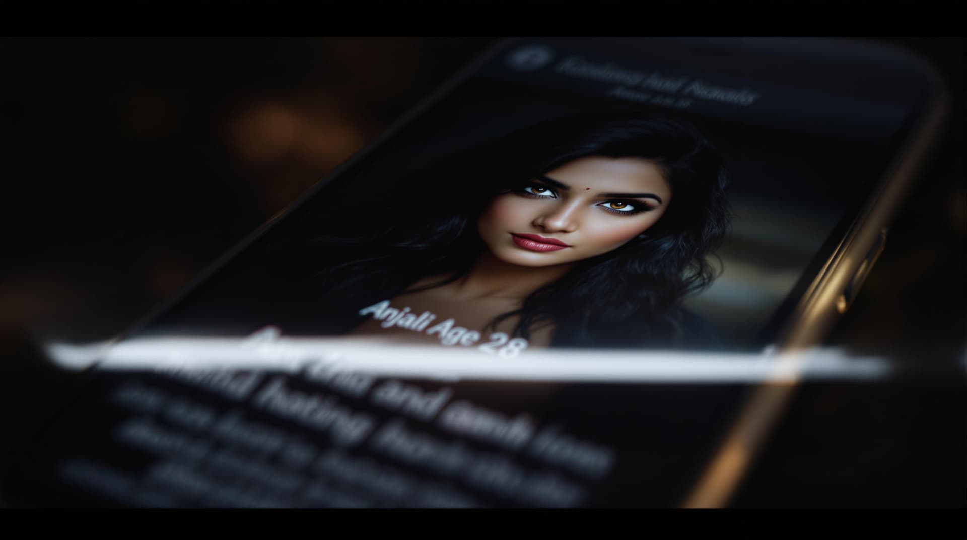 AI generated: (Cinematic UHD, extreme close-up of a smartphone screen displaying a dating app profile name - Anjal...