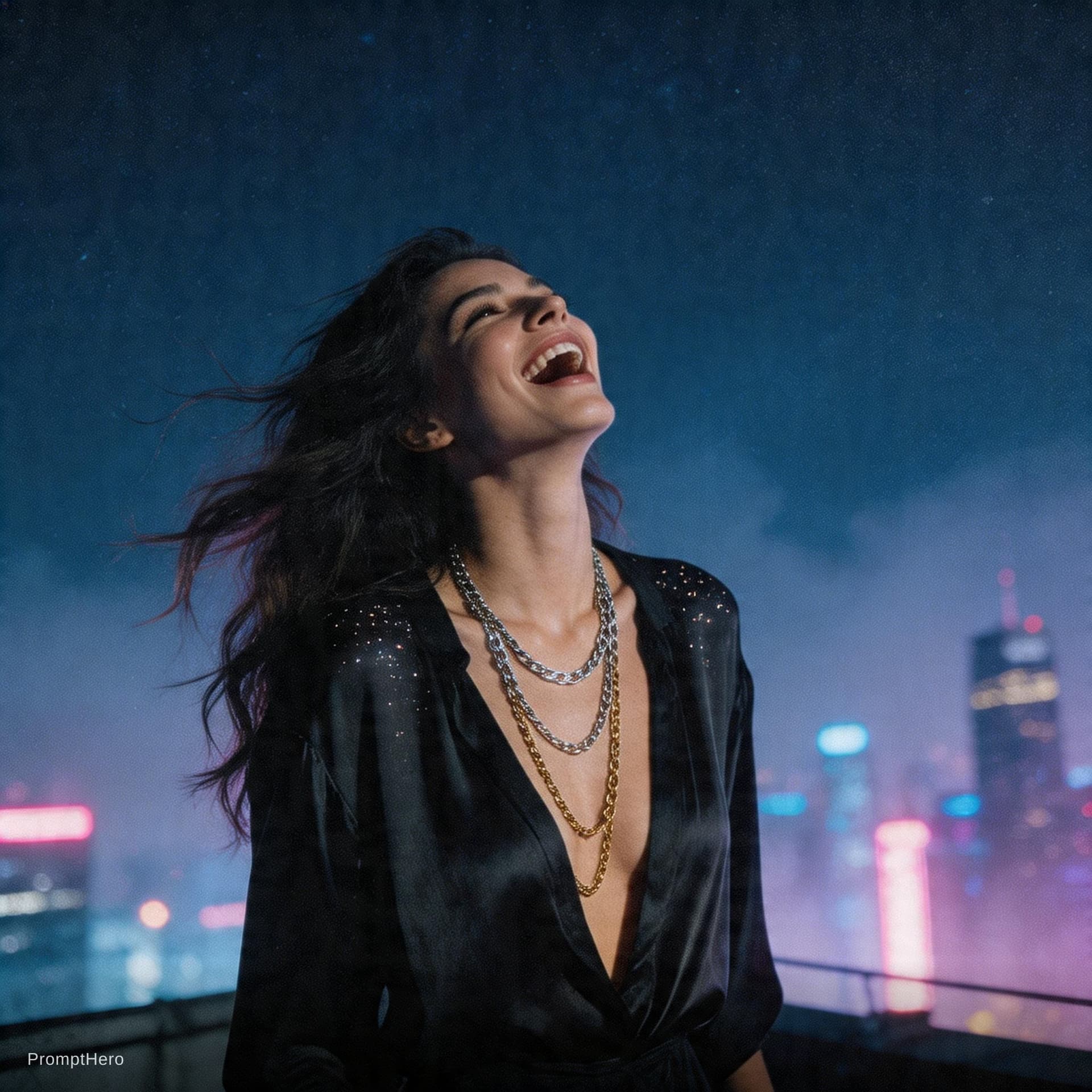 AI generated: A grainy, high-ISO rooftop documentary scene captures a tall, statuesque woman with long, dark, wind...