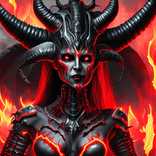 AI generated: Full-body image of Cybernetic demon woman with large ram horns on her head and bits of black metal p...