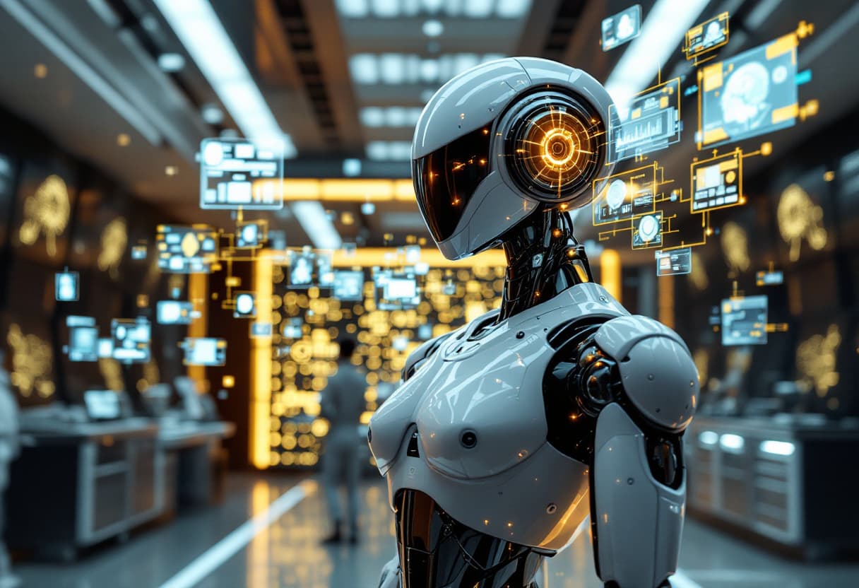 AI generated: A humanoid robot with a reflective dome-shaped head stands in an advanced tech lab. Holograms float ...