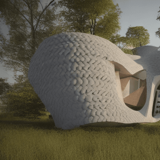 AI generated: , exterior view, twisted house, 3d printed canopy, clay, earth architecture, cavelike interiors, con...