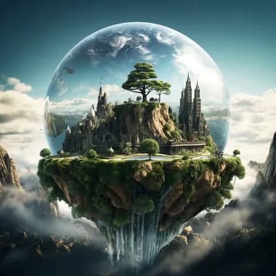 AI generated video: A city and country side inside a sphere, the sphere rotates from left to right, Birds fly in the sky...