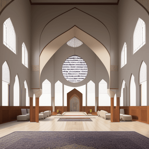 AI generated: realistic interior of a mosque that is designed on modern linear lines. add chandelier of heart shap...