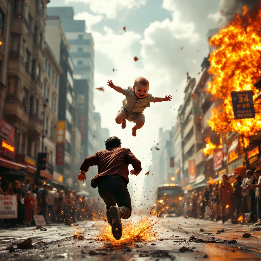 AI generated: (Action film photograph) a baby is (flying high through the air), being running by an action star. w...
