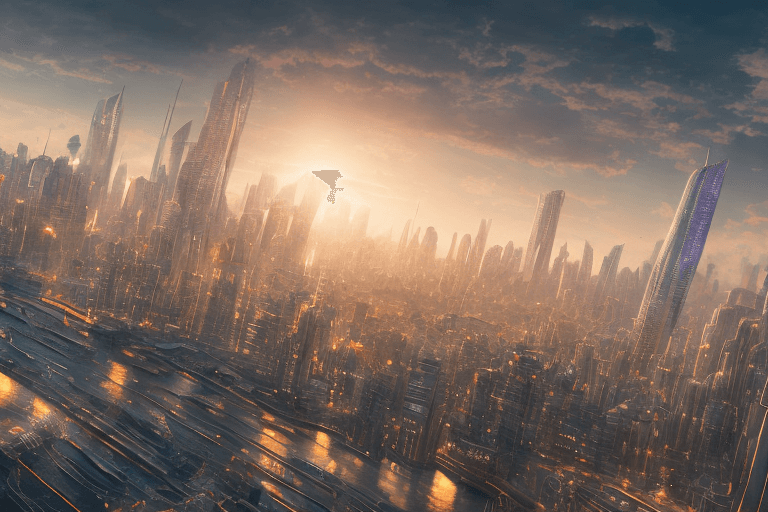 AI generated: super detailed city skyline future, 8k, sunset, spaceships