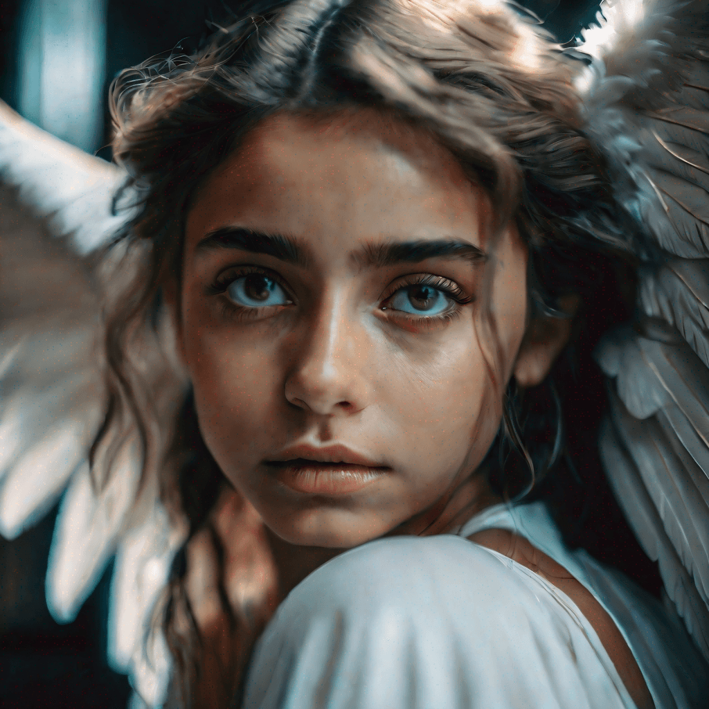 AI generated: a very sad beautiful angel, big wings, perfect beautiful face, high detailed eyes, shot on Fujifilm ...