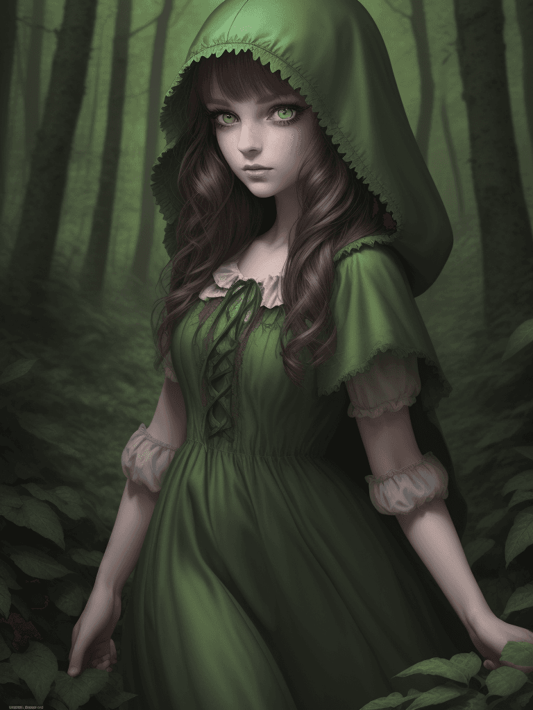 AI generated: (little green riding hood), walking through the forest, beautiful detailed eyes, (eyelashes:1.1), ((...