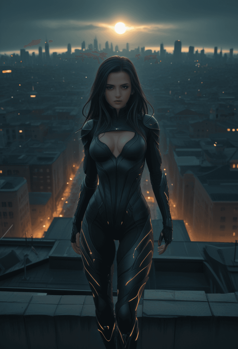 AI generated: Abstract style Digital artwork,concept art,a female ninja,standing on rooftop with a dark dystopian ...