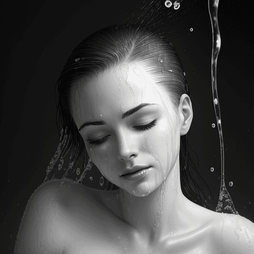AI generated: An image of a woman in monochrome with her head tilted back, her face and hair drenched with water d...