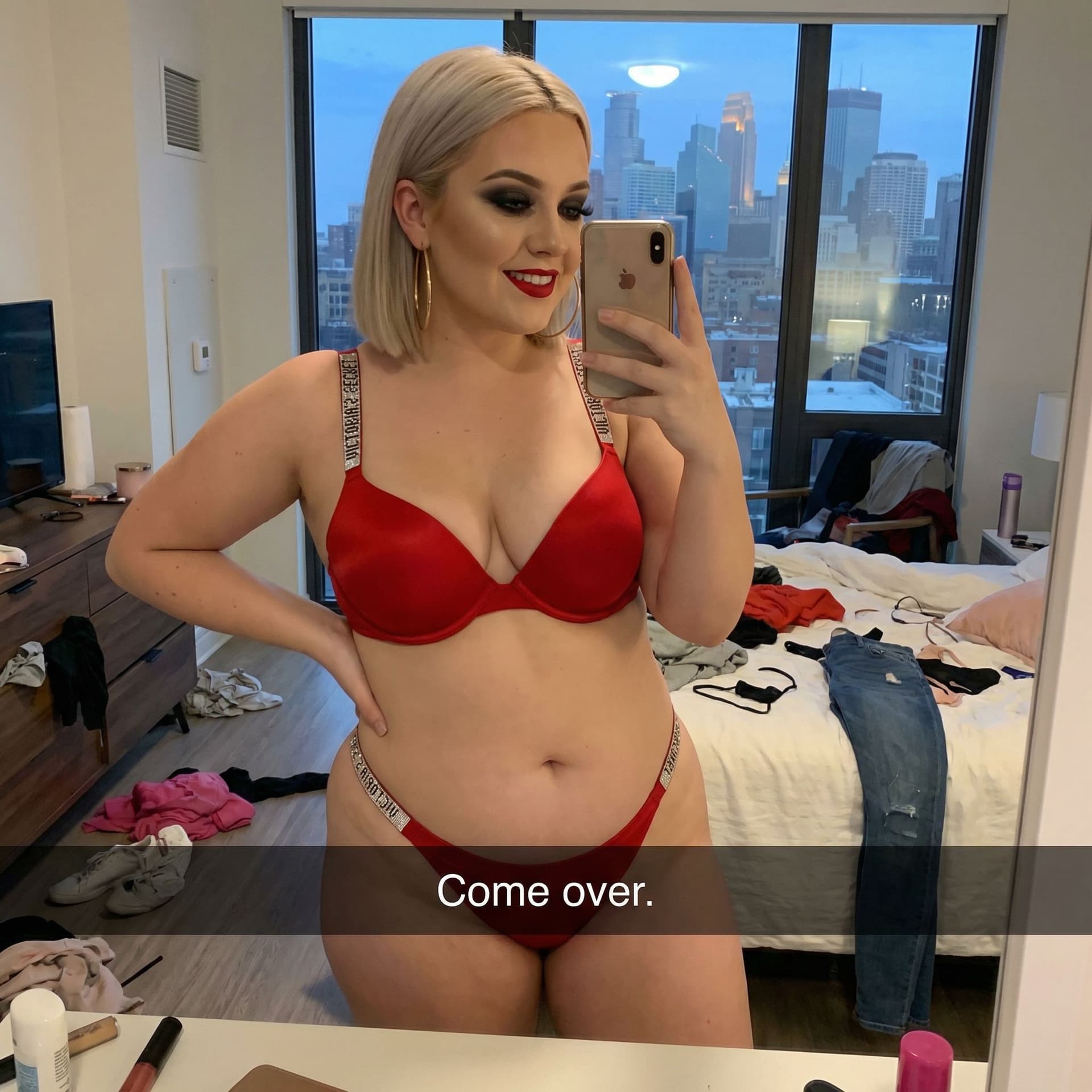 AI generated: A 22 year old chubby white woman with an exceptionally curvy figure takes a mirror selfie in a moder...