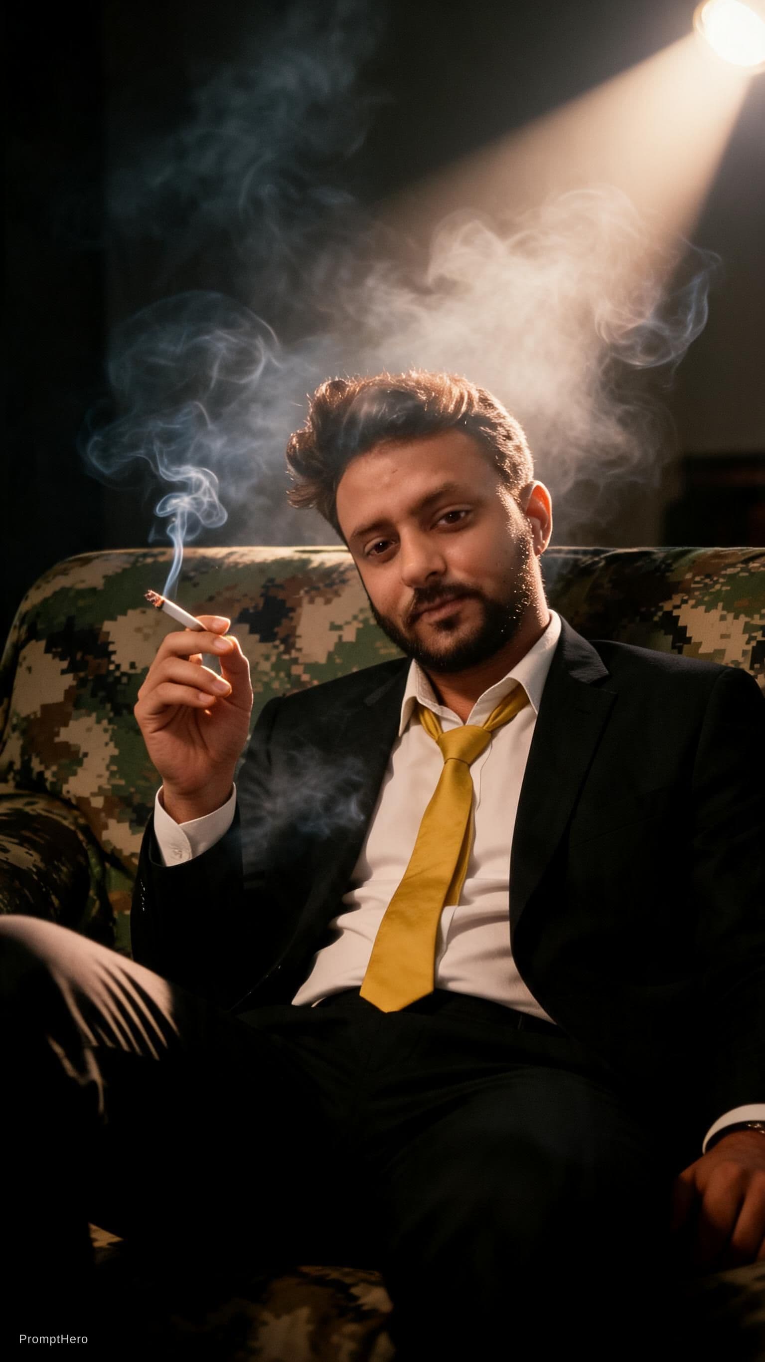 AI generated: photography, cover shoot, dimly lit room with a hazy atmosphere, capturing a professional male model...