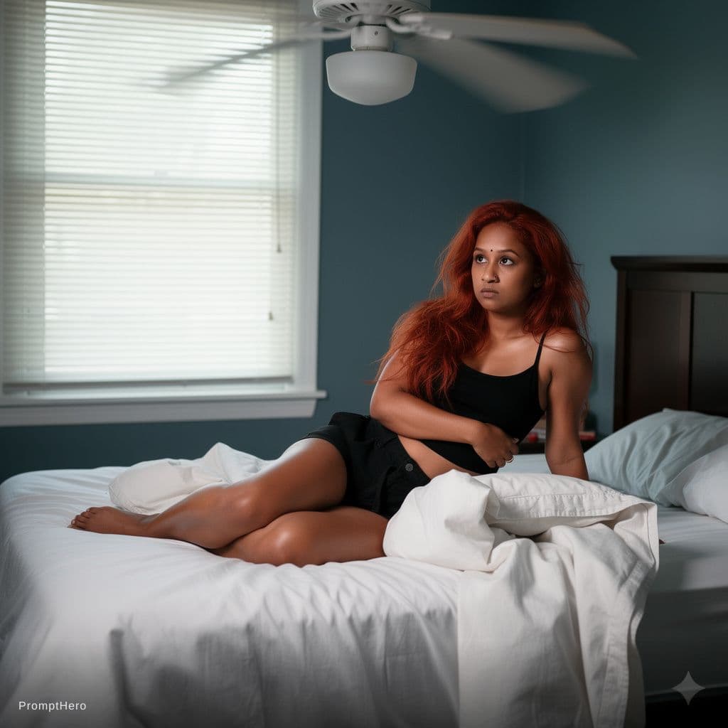 AI generated: A woman with long, tousled red hair cascading in loose waves over her shoulders lies sprawled across...