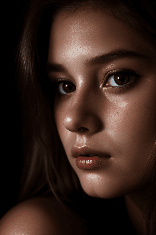 AI generated: closeup of a girl's face, dimly lit, sultry look