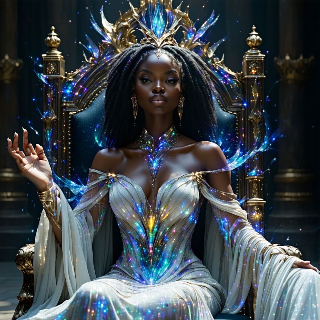 AI generated: A regal court composer, with her gown shifting to match the changing emotions around her, her jewelr...