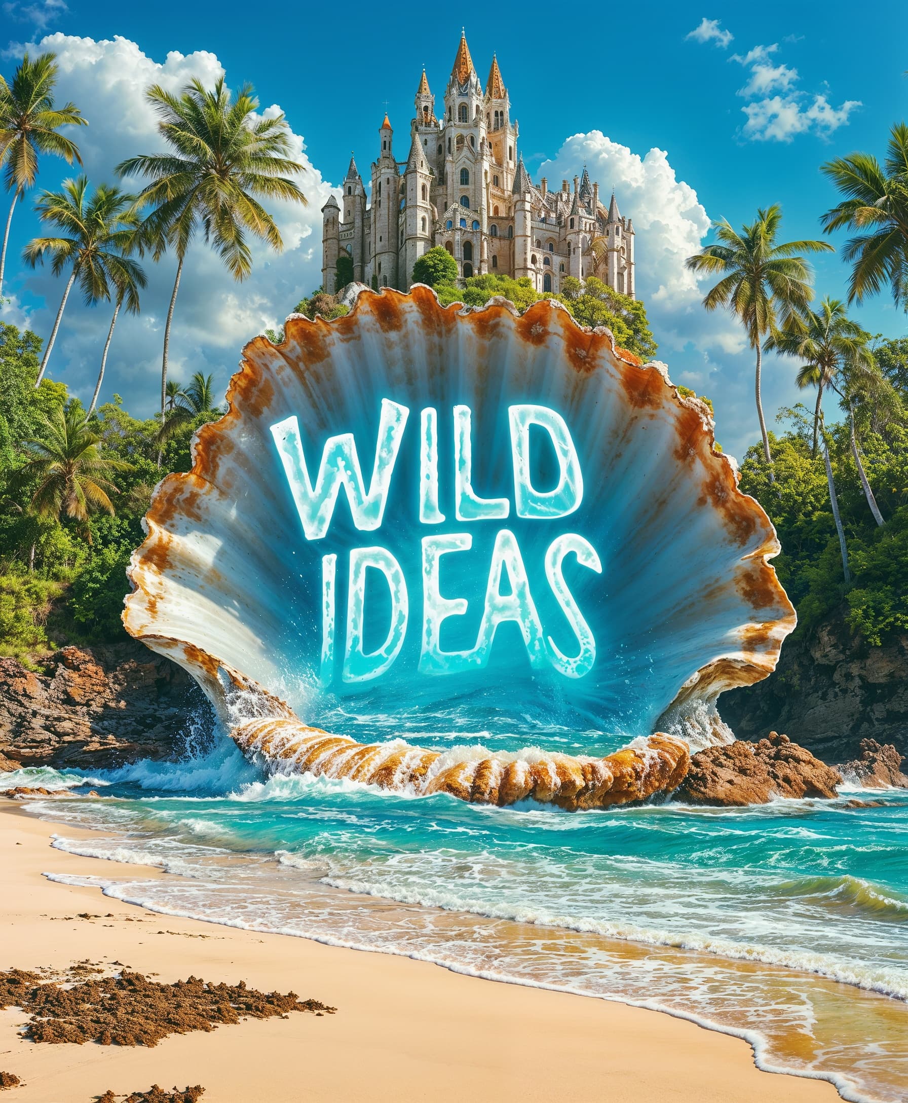 AI generated: The words "WILD IDEAS" inside a giant clam shell on a beach with a water bioluminescent glow, surrou...