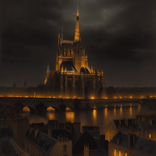 AI generated: Medieval Paris city from drone perspective, storm, lightning night, Renaissance oil on canvas painti...
