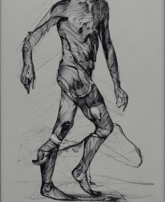 AI generated: white background, drypoint engraving scribble, bizarre drawing, bizarre design, man who runs on four...