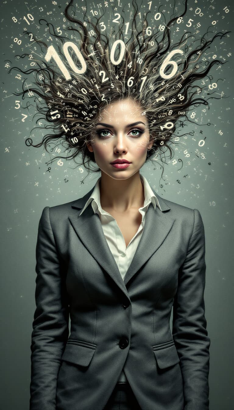 AI generated: 10. A dynamic, waist-up portrait of a woman, her face and upper body surrounded by a chaotic vortex ...