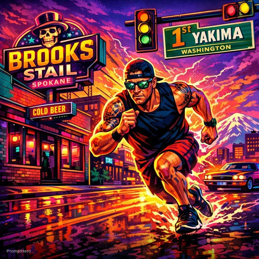 AI generated: a picture of brooks stail from spokane with vernon zepp running make piture in bad ass bright colors...